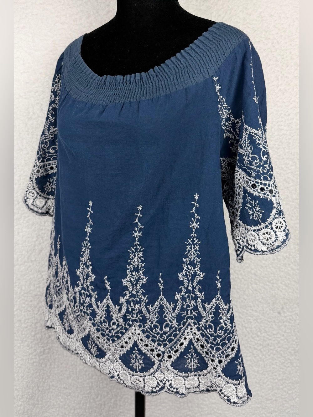 Navy Blue/White Embroidered Boho Smocked-Neck Peasant Blouse, M - Picture 4 of 10